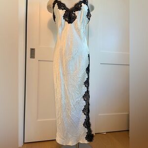 White Satin Slip Dress with Black Lace Trim